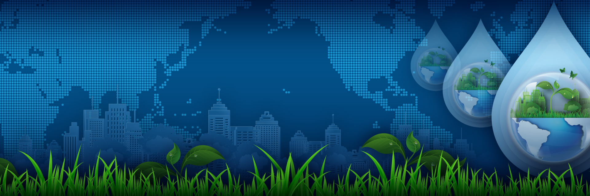 Blue graphic showing a digital global map, green grass, and a water drop