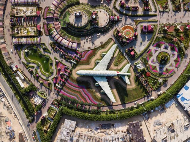 A manicured park with pink flowers and a hedge shaped like a to-scale airplane