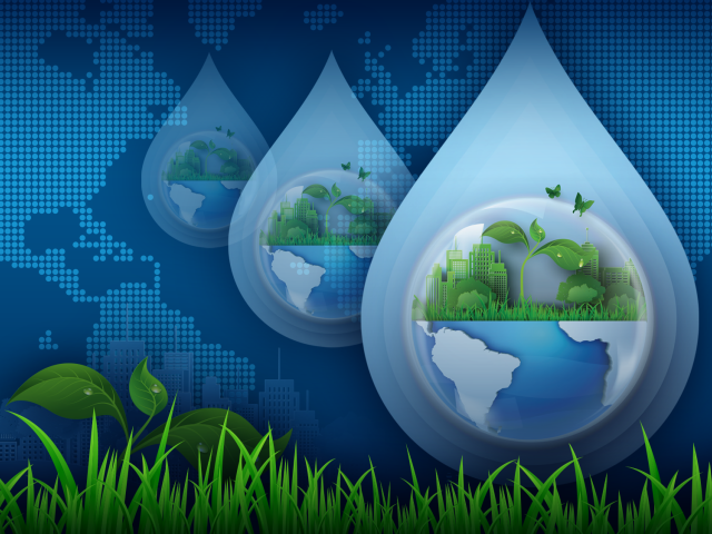 Blue graphic showing a digital global map, green grass, and a water drop