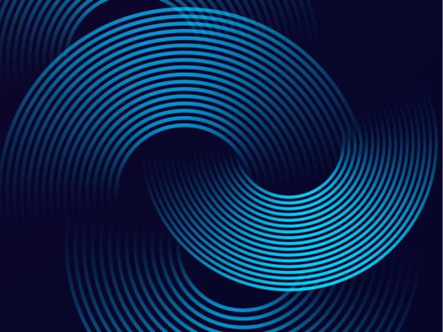 Swirling light blue curves on a dark blue background