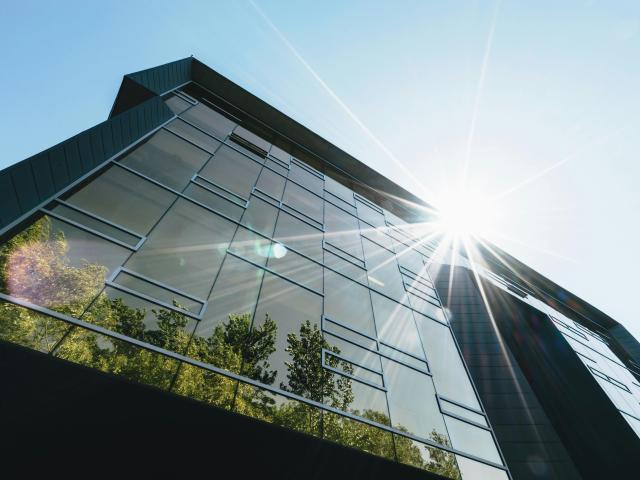 a building with the reflection of trees in the windows