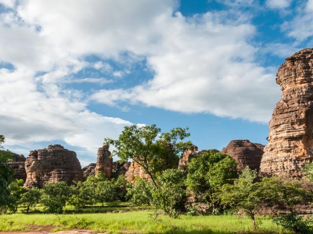 Rock formations under a blue sky