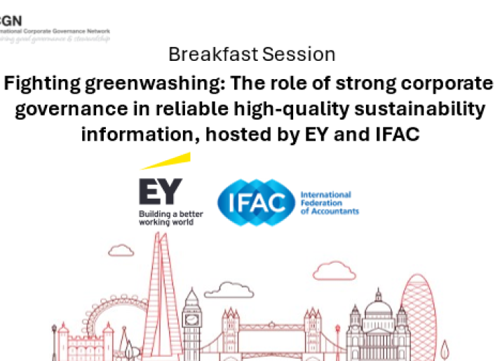 The event banner for the ICGN Fighting Greenwashing event in July 2024