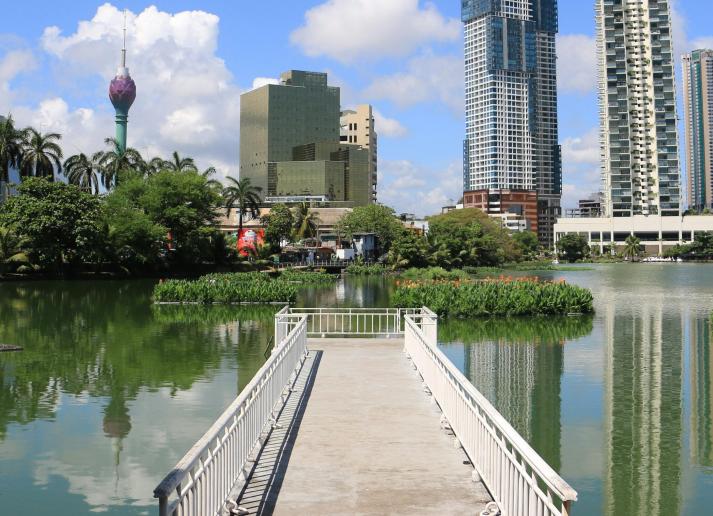 A city park in Colombo, Sri Lanka, with the city skyline in the background