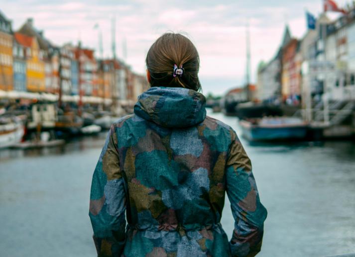 A woman with her back to the camera looks out at a dock in Denmark