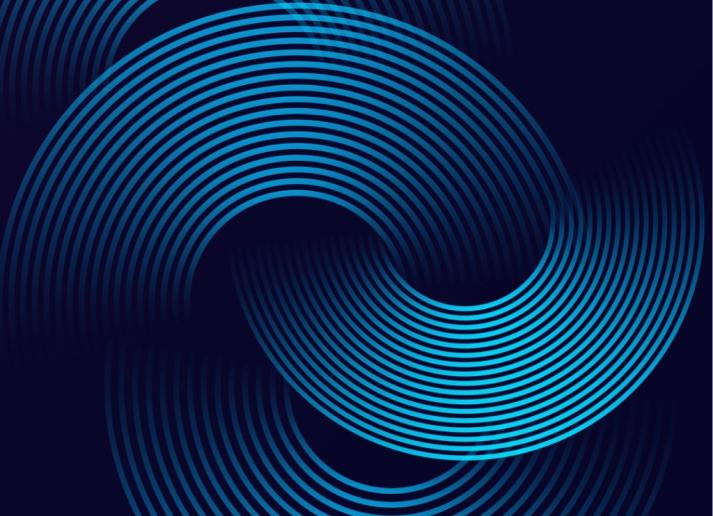 Swirling light blue curves on a dark blue background