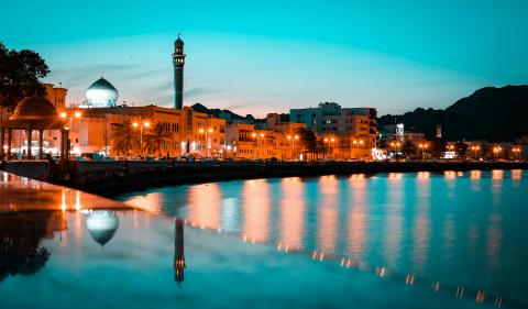 The waterfront of Muscat, Oman at dusk
