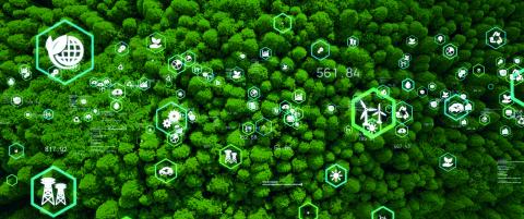 A bird's eye view of a forest overlaid with small images related to renewable energy generation