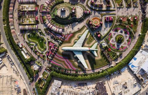 A manicured park with pink flowers and a hedge shaped like a to-scale airplane